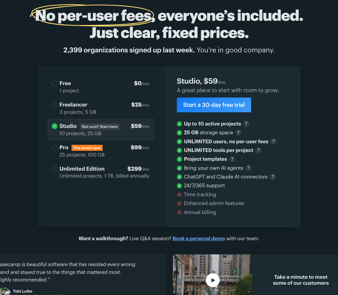 Basecamp pricing page where each plan in the list on the left shows its monthly price beside its name, with the Studio plan still selected on the right.